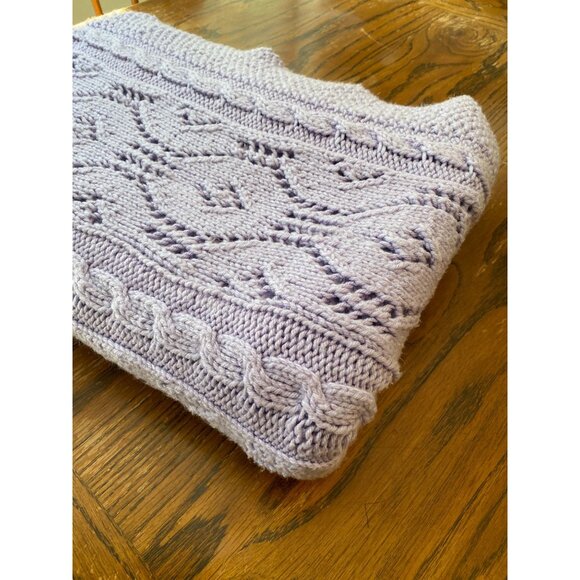 Handmade Knit Throw Blanket Light Purple 70"x80" With Diamond & Cable Pattern - Picture 1 of 6